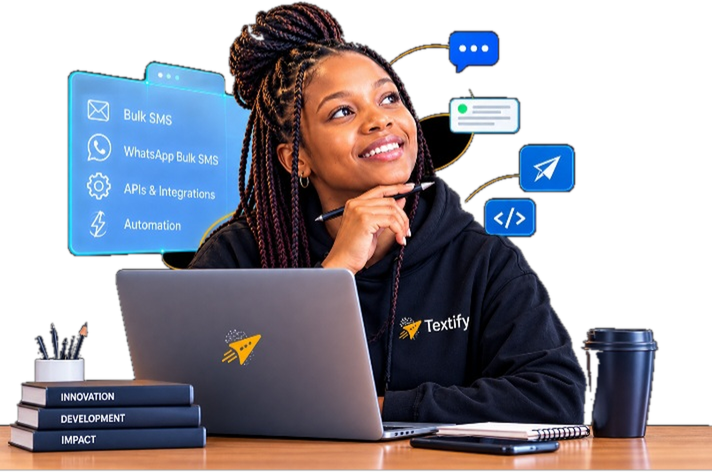 A developer at her laptop with the Textify platform open, bulk SMS, WhatsApp and API panels floating beside her